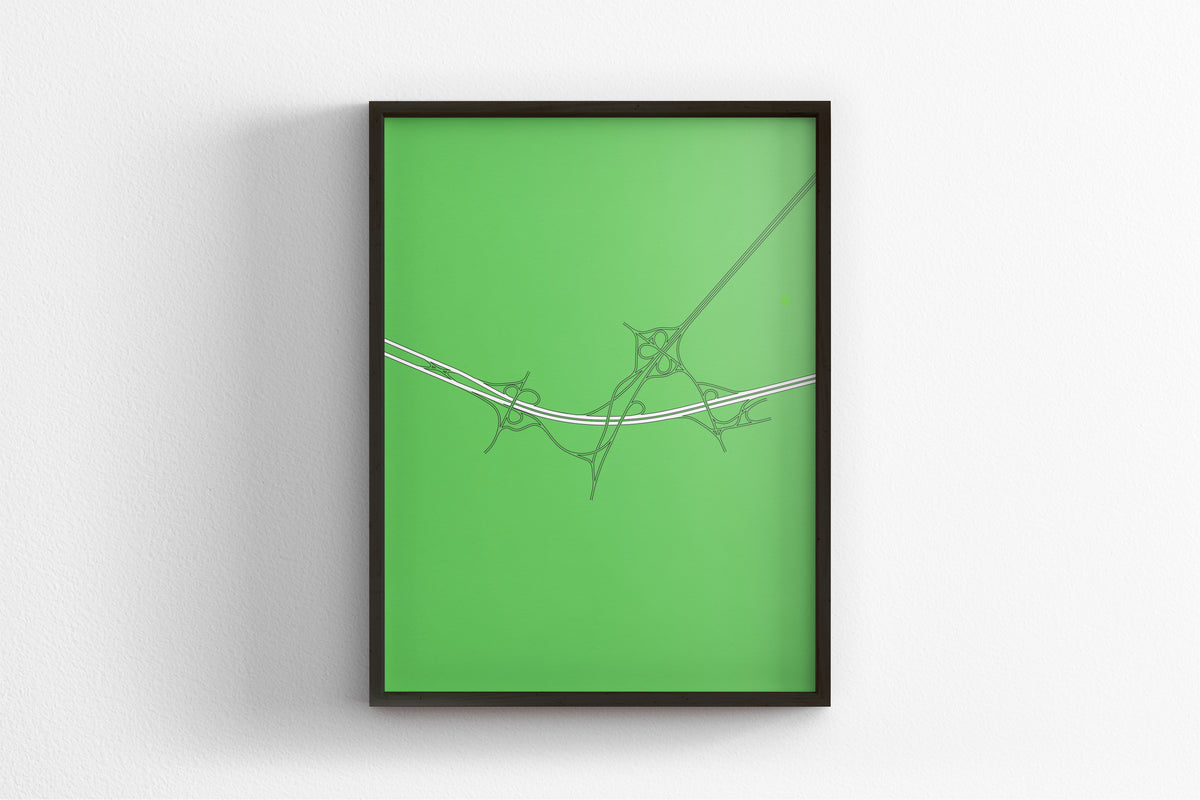 The image is a framed artwork with a green background and a white line.