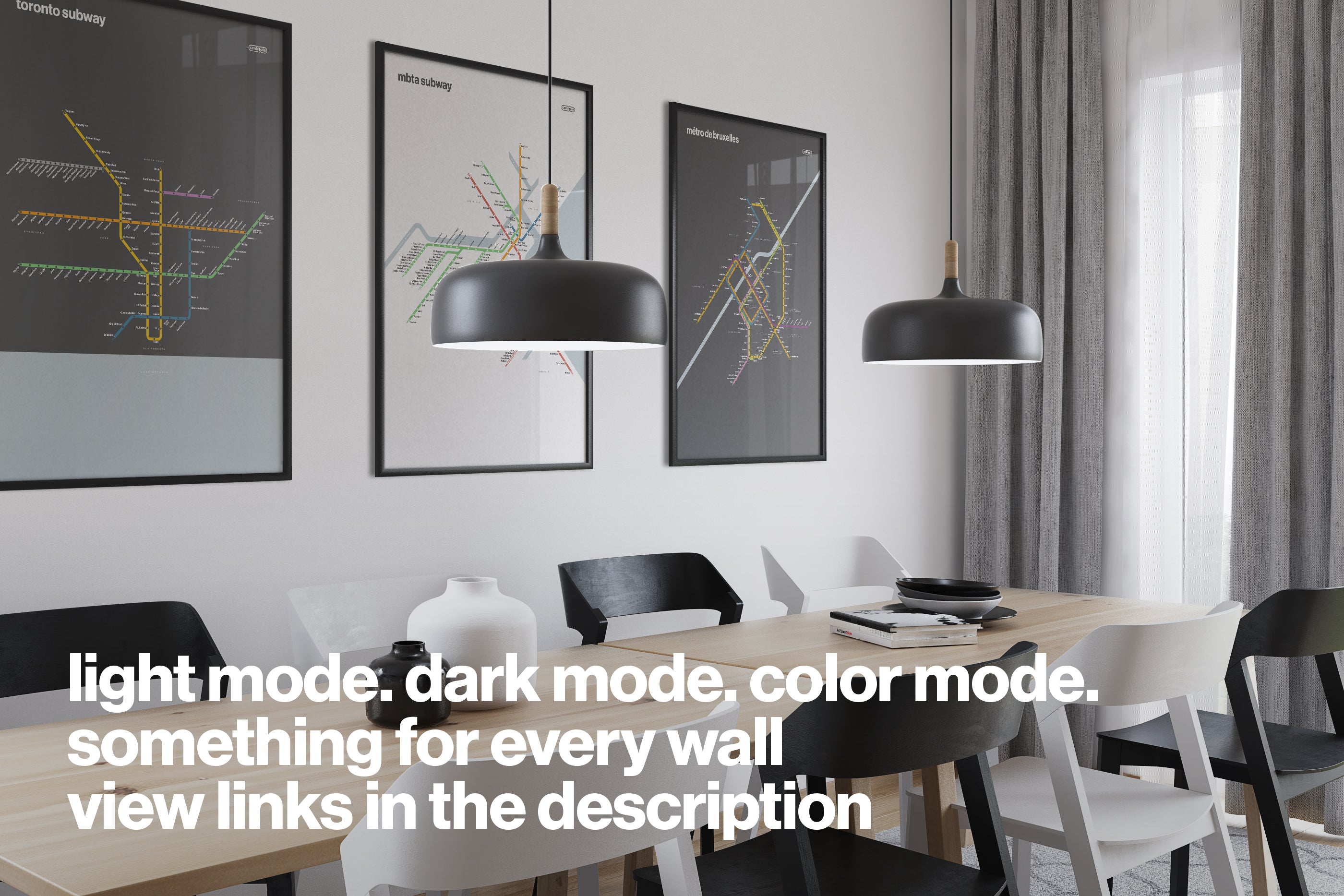 a modern dining room with a wooden table and chairs, three framed posters on the wall, and two black pendant lights hanging above the table.