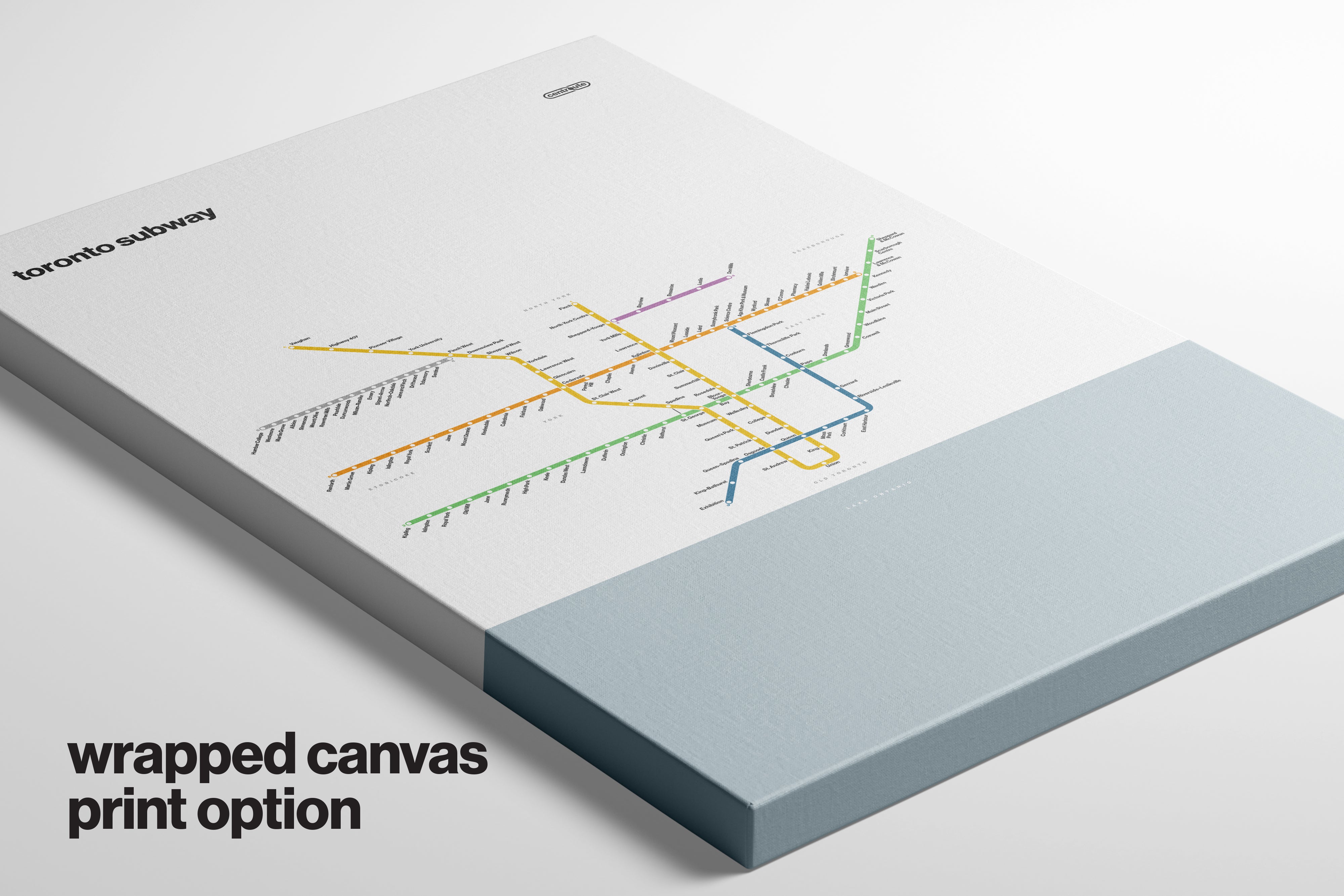 A printed canvas print of a subway map of Toronto, Canada, with the text "wrapped canvas print option" and "wrapped canvas print option" displayed.