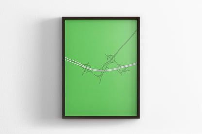 The image is a framed artwork with a green background and a white line.