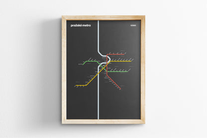 The image is a framed subway map with a black background and colorful lines representing different routes and stations.
