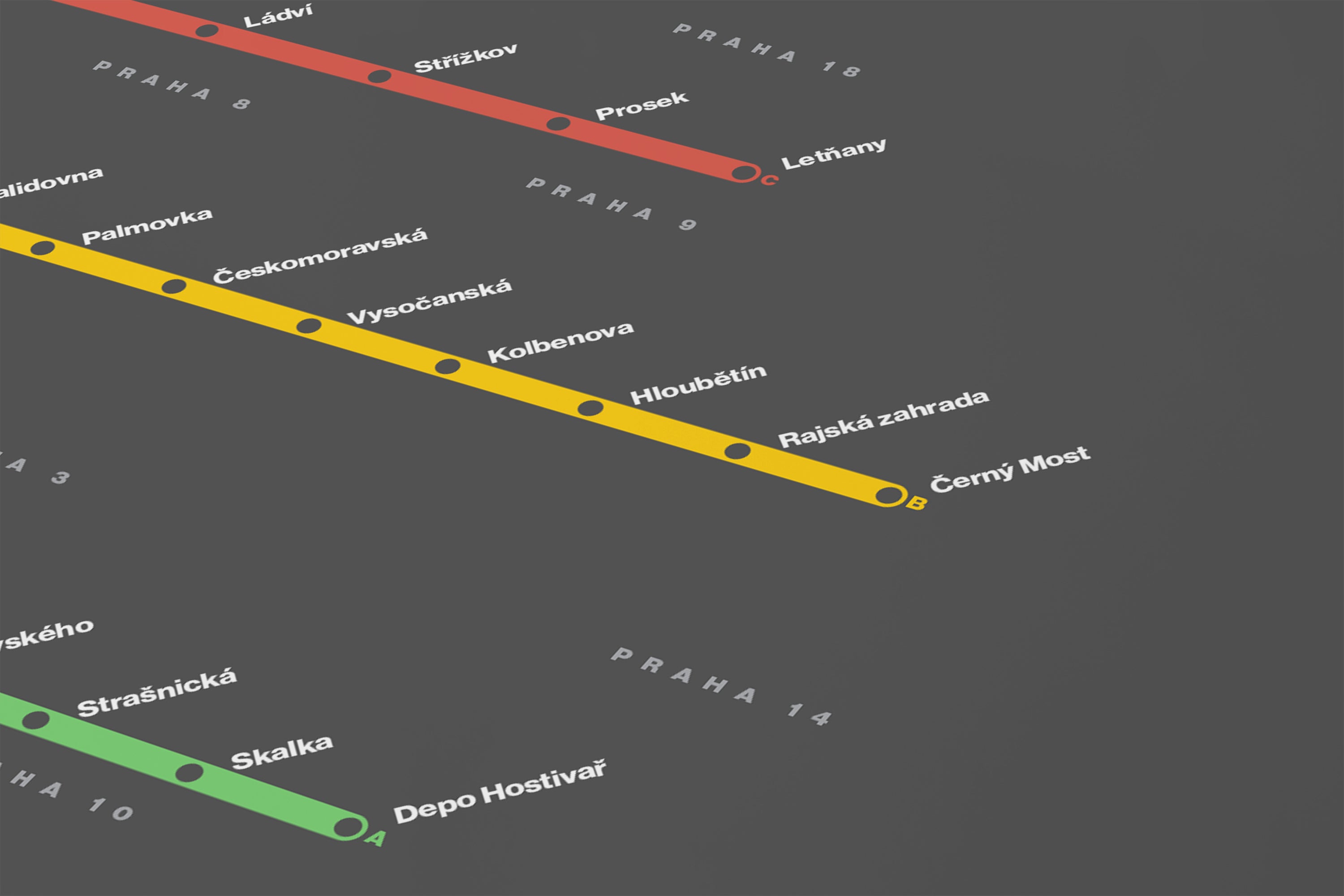 a subway map with multiple lines and stations, including the Depo Hostivár and Skalka lines.