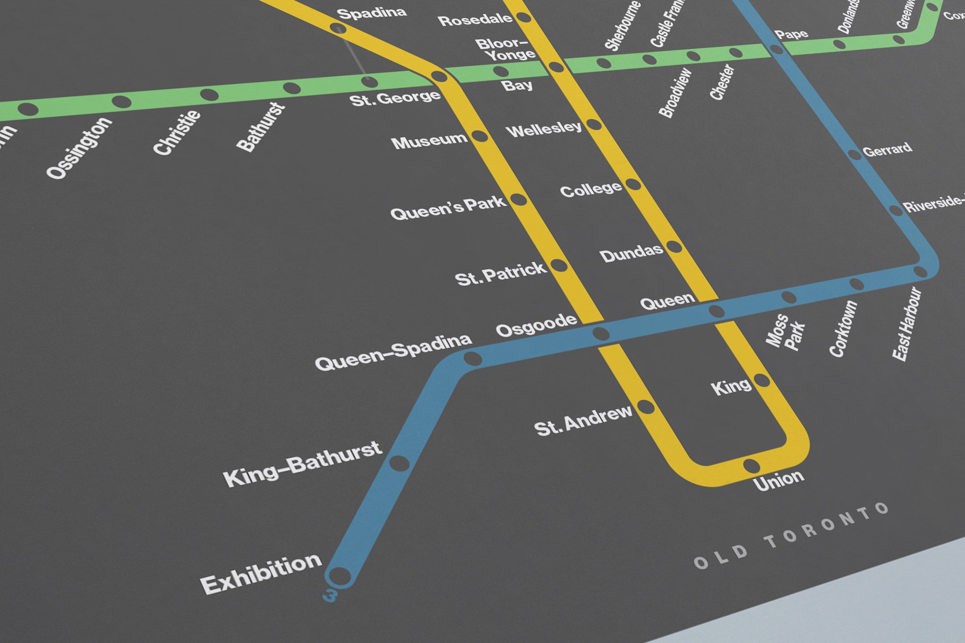 The image is a subway map of the Toronto region, showing the various lines and stations.