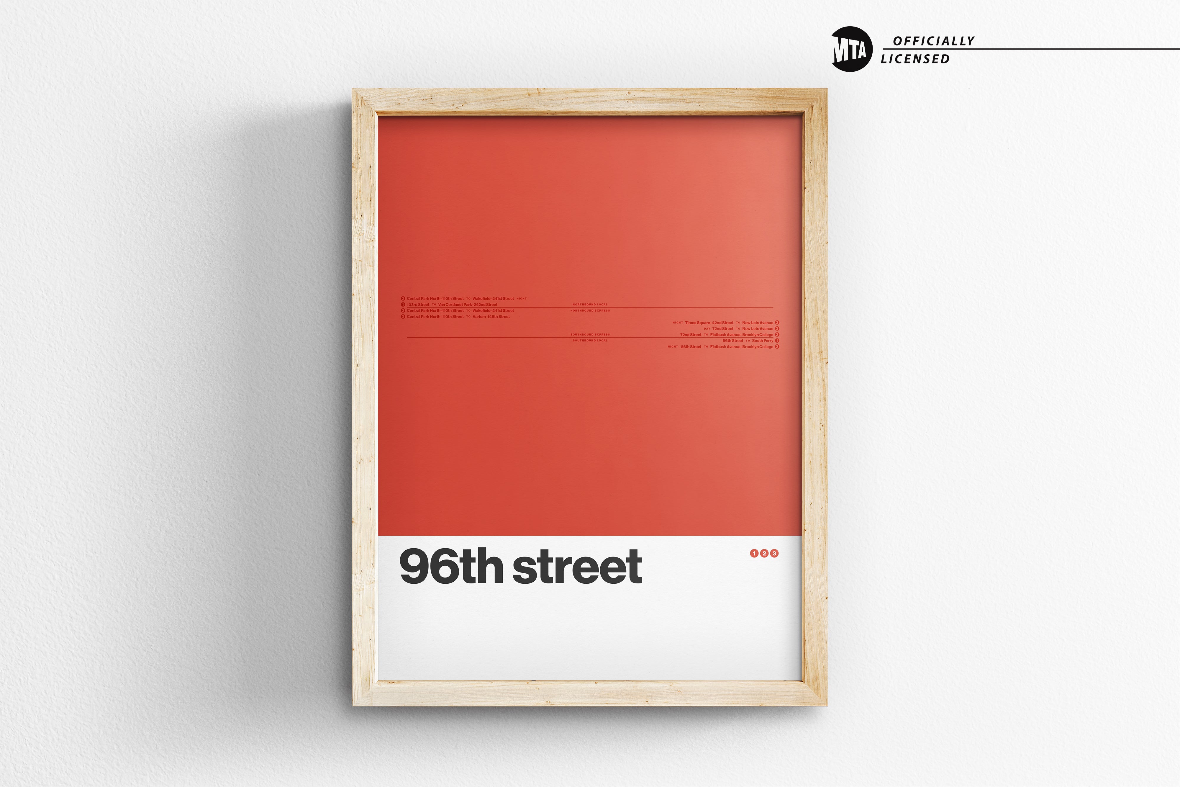 The image is a framed poster with a red background and the text "96th street" in black.
