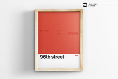 The image is a framed poster with a red background and the text "96th street" in black.