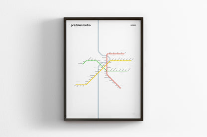 The image is a framed subway map of a city, featuring a colorful and detailed design with various lines representing subway routes and stations.