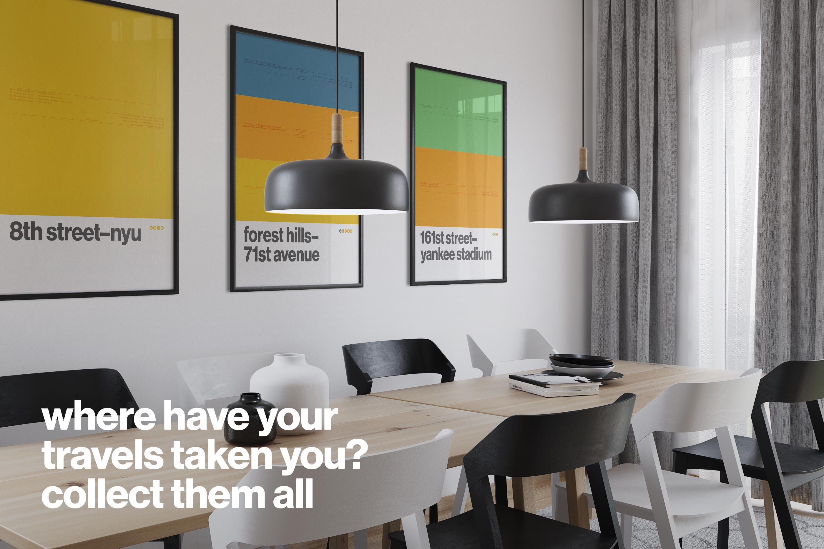 a modern dining room with a wooden table and chairs, three framed posters on the wall, and a black pendant light hanging above the table.