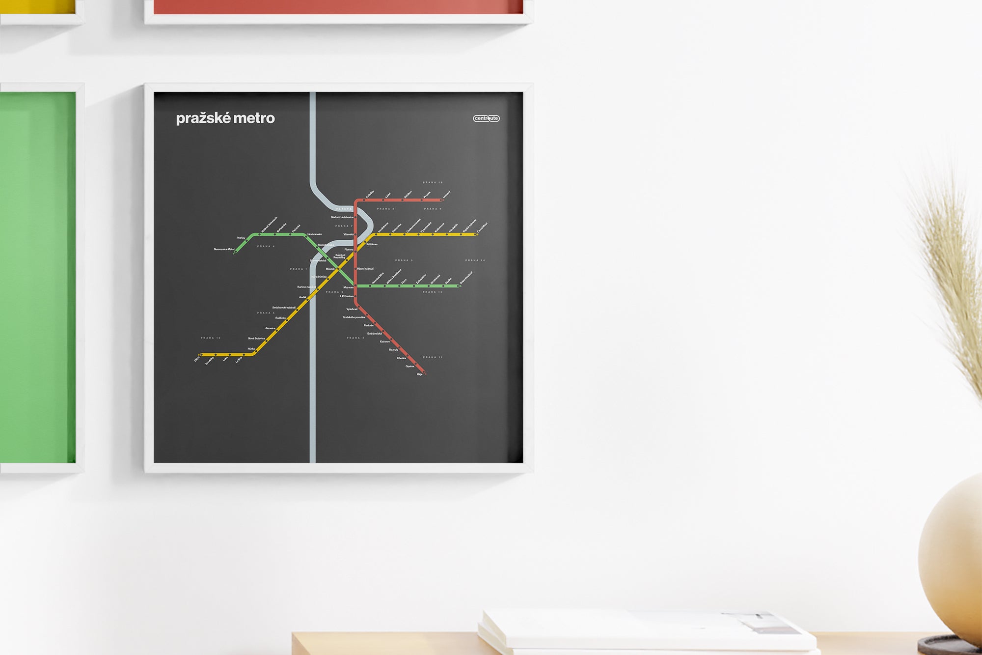 a poster of a subway map hanging on a wall.