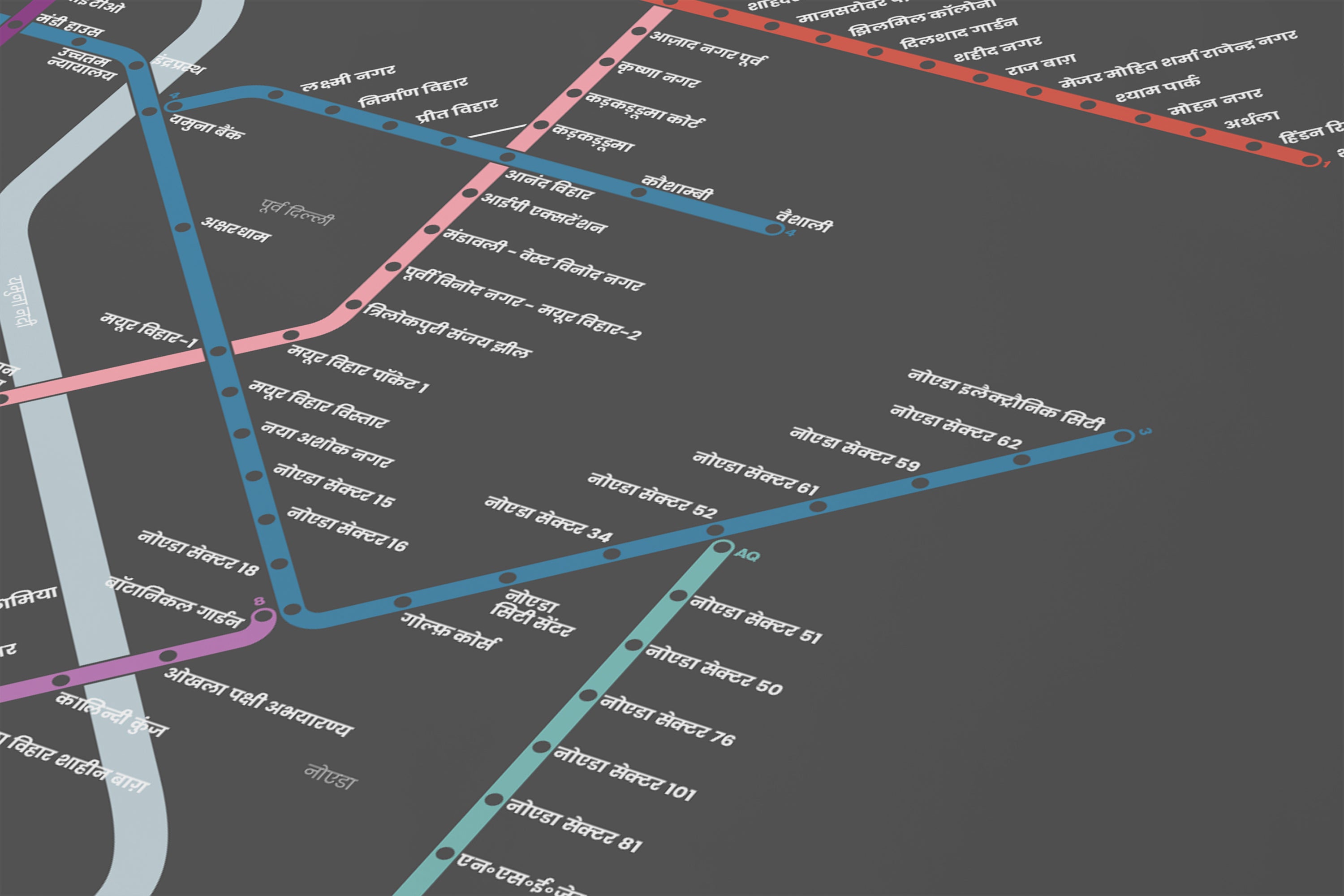 Delhi Metro / Dark Mode System Map / Hindi
