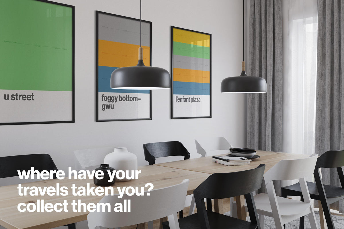 a modern dining room with a wooden table and chairs, three framed posters on the wall, and two black pendant lights hanging above the table.
