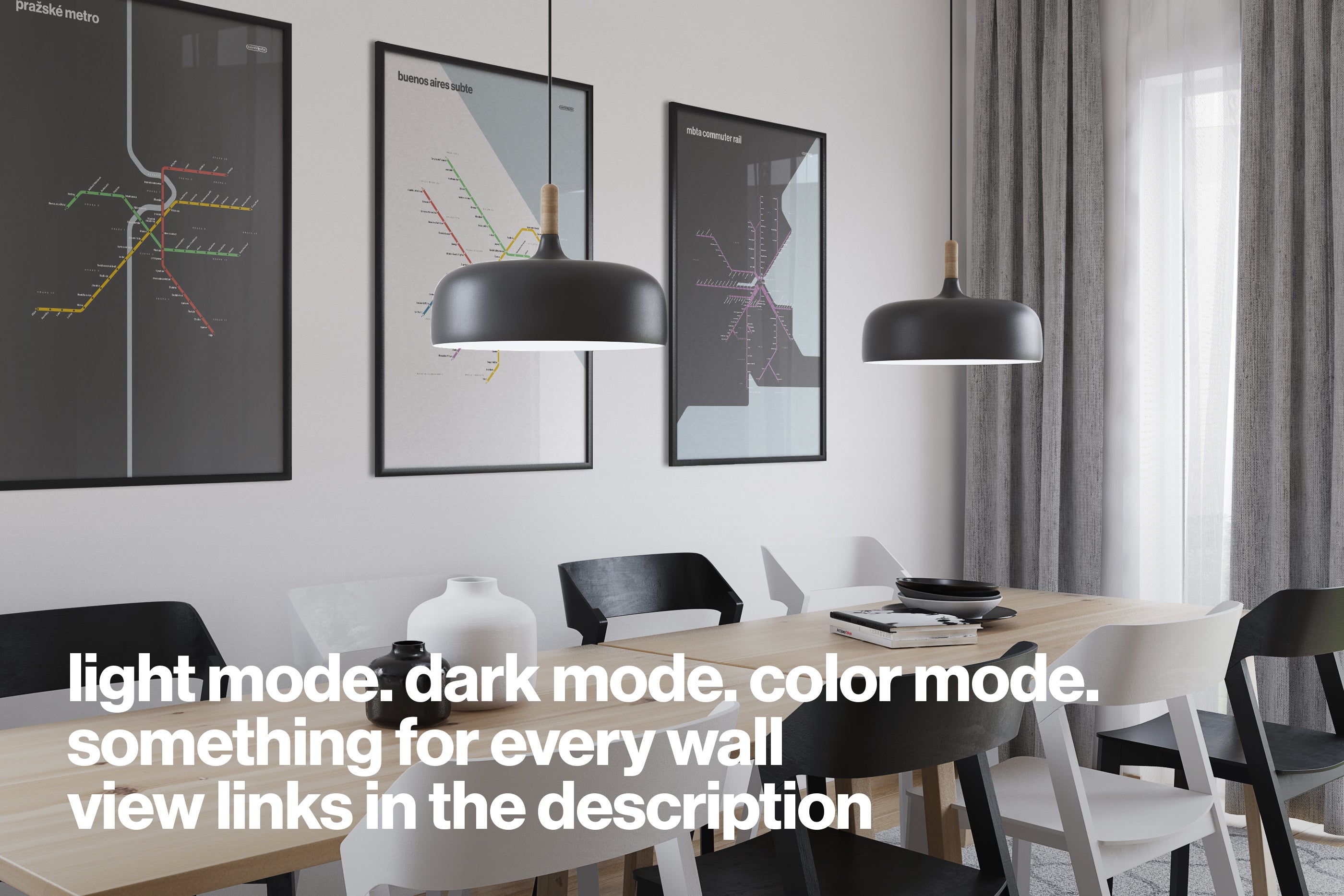 a modern and minimalist dining room with a wooden table and chairs, three framed posters on the wall, and two black pendant lights hanging above the table.