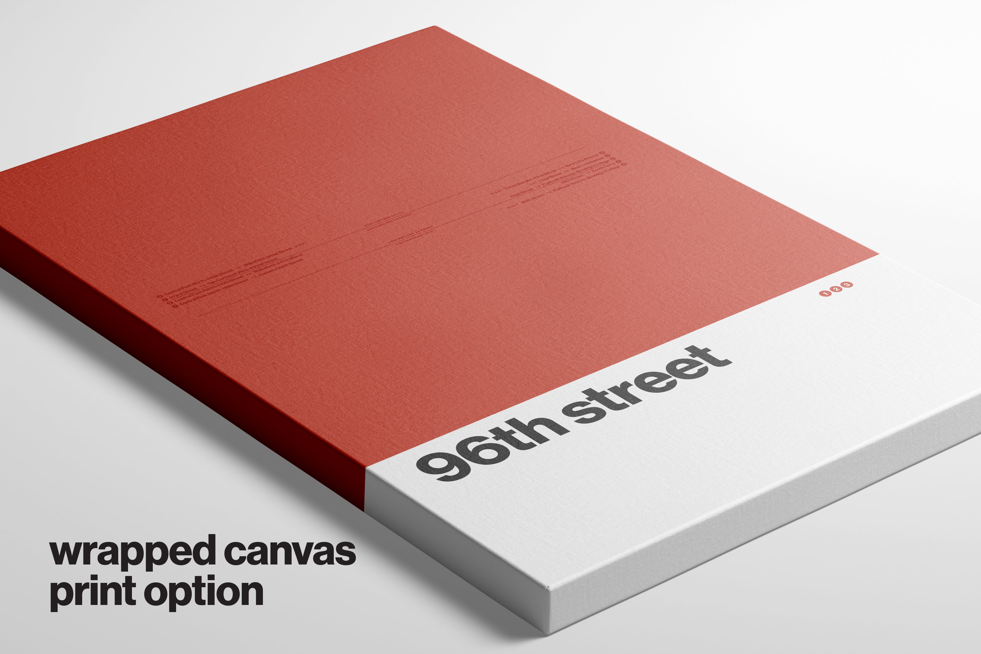 A red and white printed canvas with the text "96th street" printed on it.
