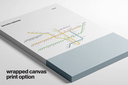 A printed canvas print of a subway map of Toronto, Canada, with the text "wrapped canvas print option" and "wrapped canvas print option" displayed.