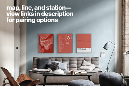 a modern living room with a gray sofa, a wooden chair, and a coffee table. The walls are painted in a light blue color, and there are three framed posters on the wall. The text overlay provides a description of the room, including the words map, line, and station view links in description for pairing options'.