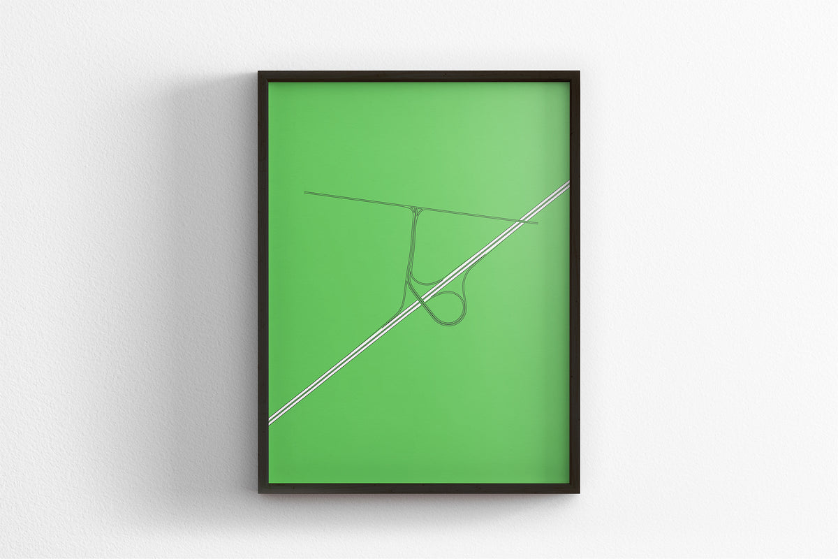 The image is a framed artwork with a green background and a white line.