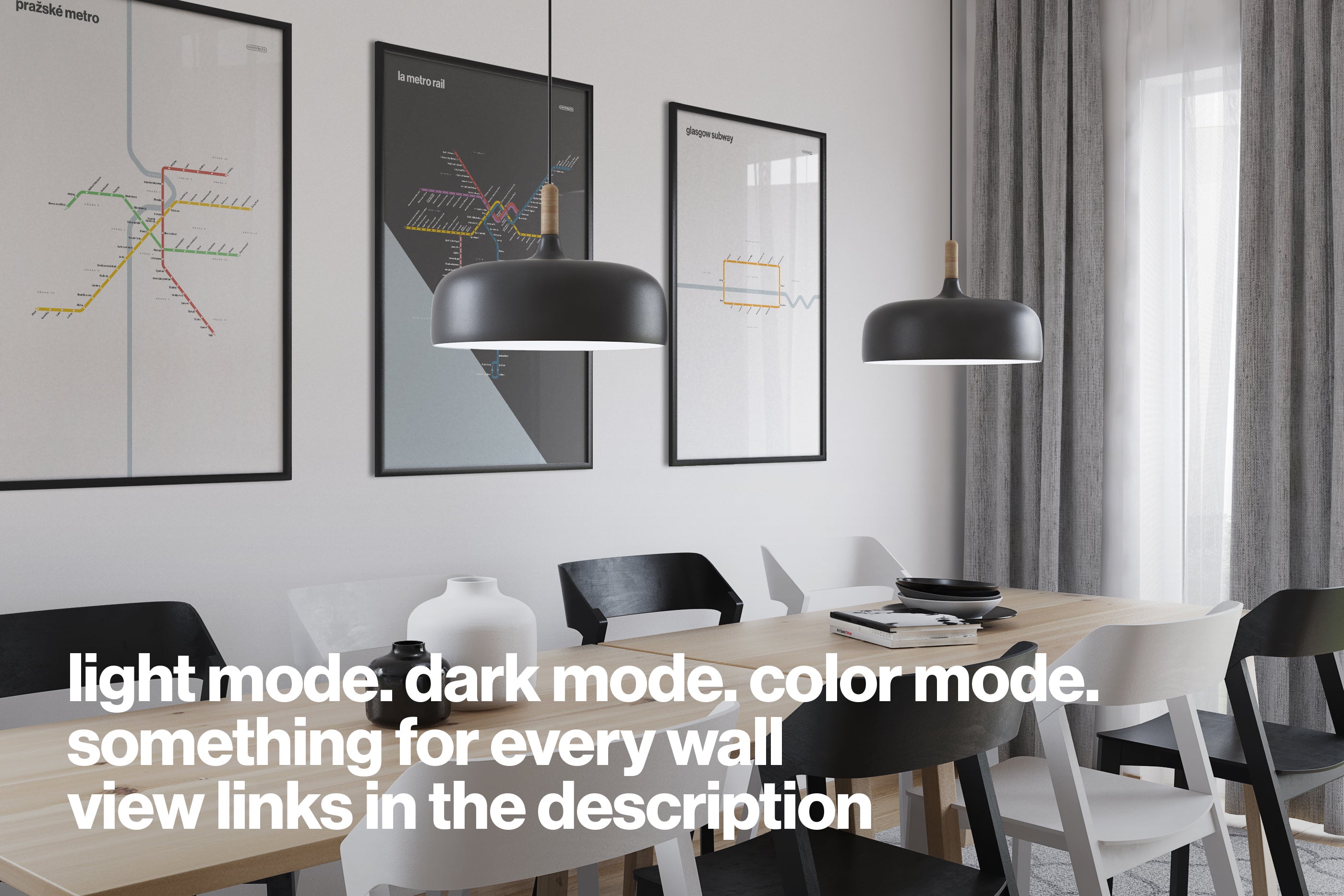 a modern and minimalist dining room with a wooden table and chairs, two hanging pendant lights, and three framed posters on the wall.