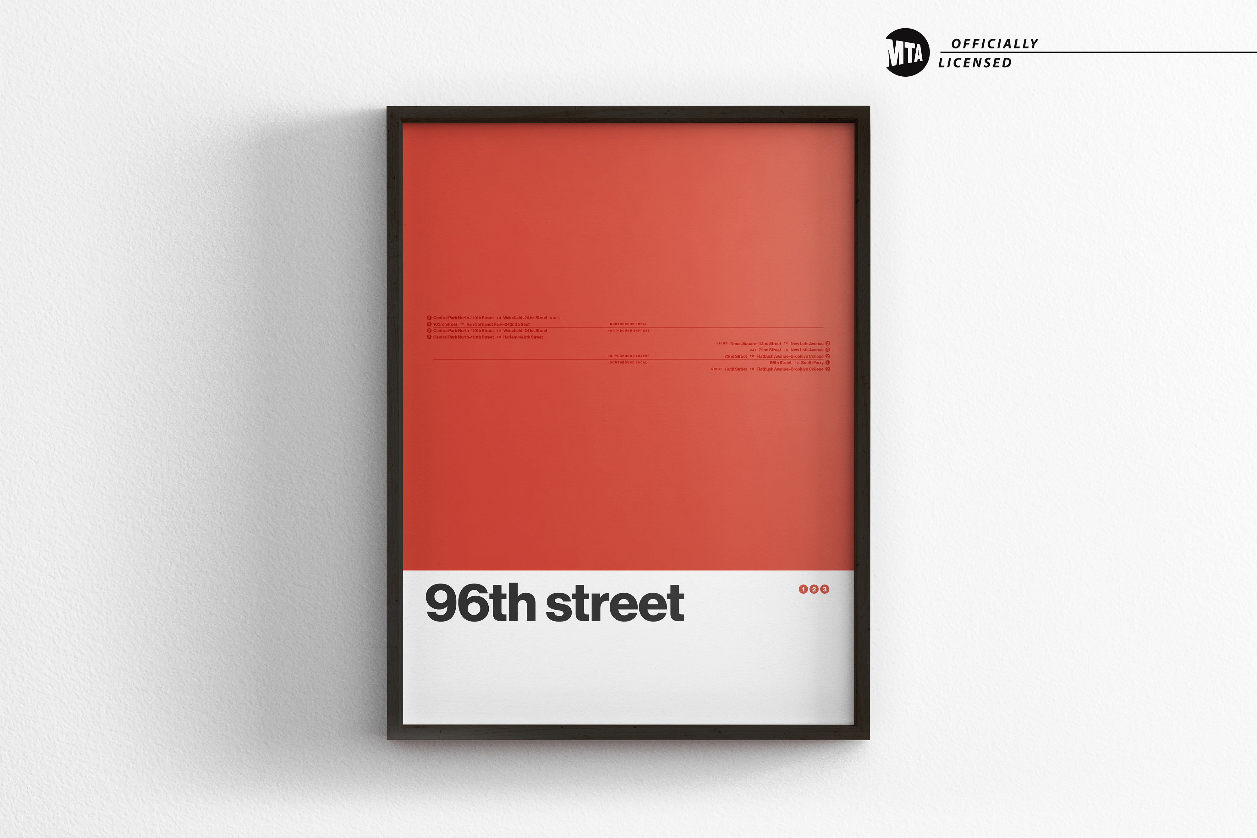 The image is a framed poster with a red background and the text "96th street" in black.