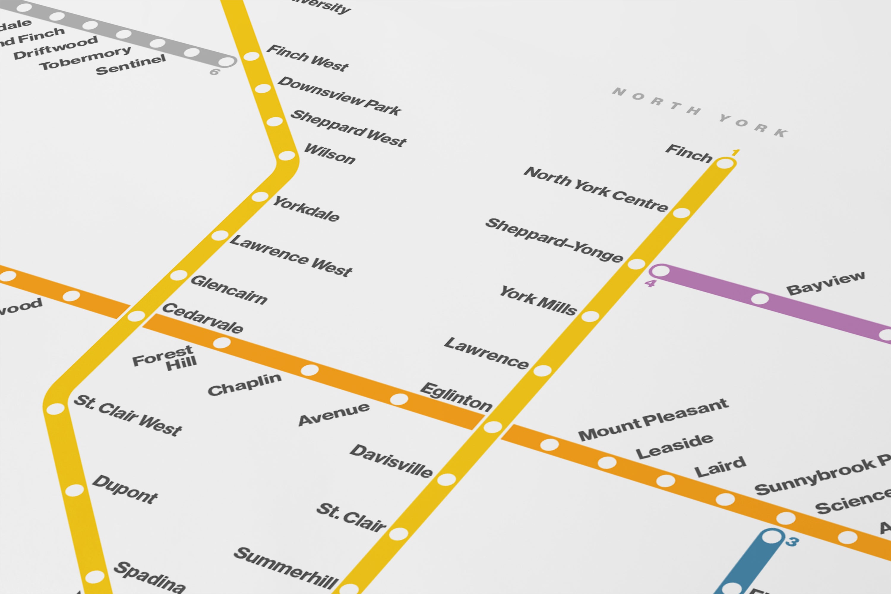 The image is a subway map of the North York region, showing various subway lines and stations.